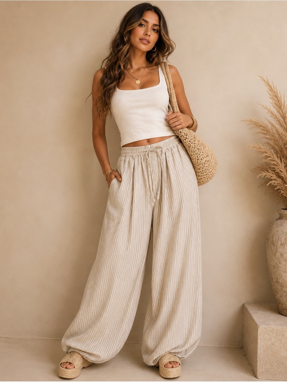 NWT Striped Balloon Pants With Elastic Waistband